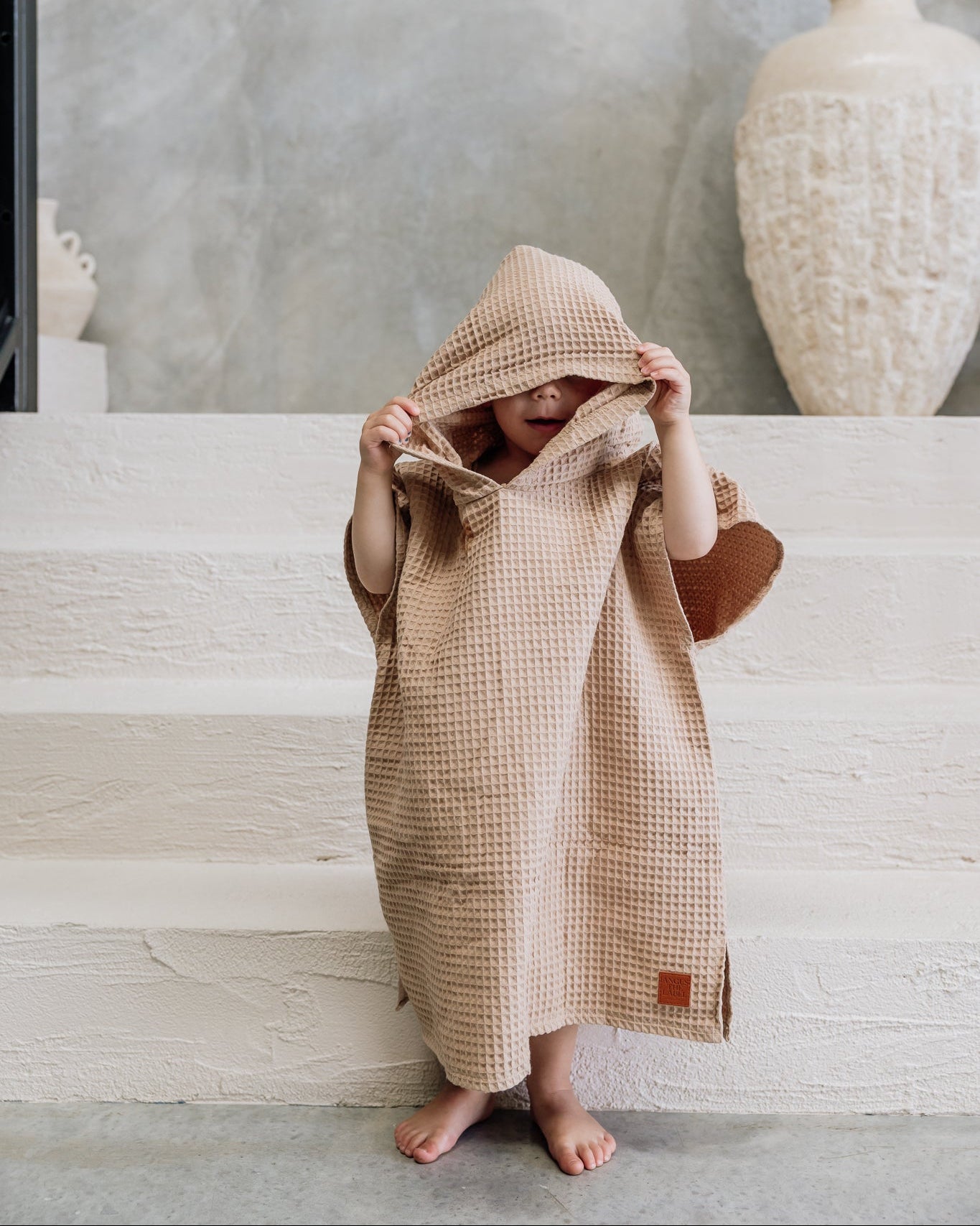 Kids Waffle Poncho Towel- Sand